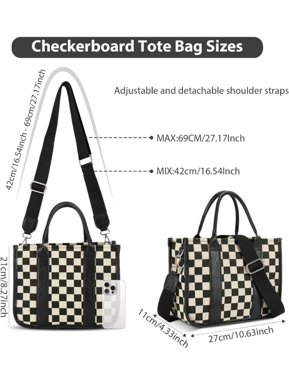 Chic Black and White Checkered Crossbody Tote Bag | Casual Purse for Work - Picture 5 of 8